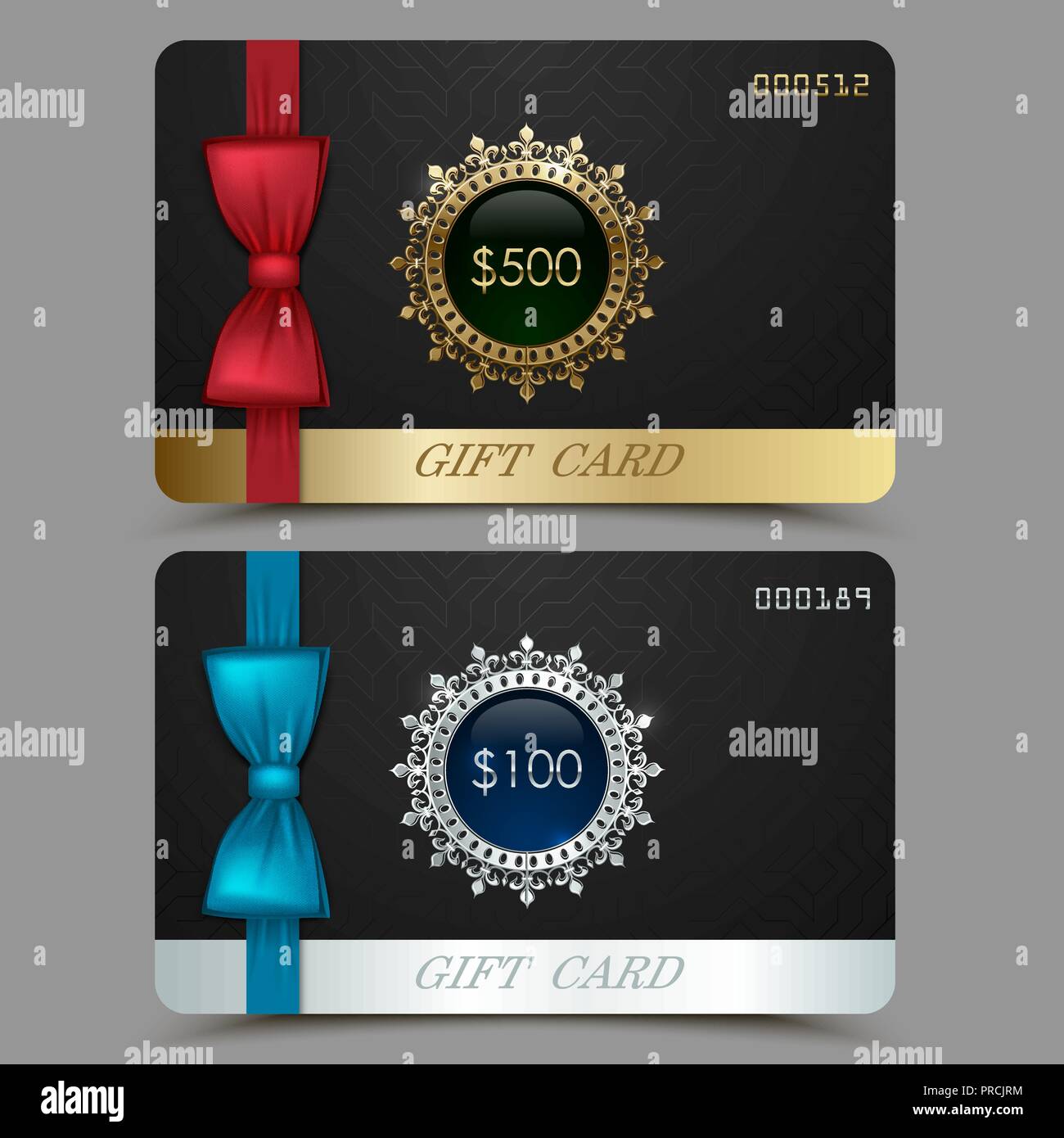 Gift voucher templates. Set of discount certificates. Vector illustration of coupons with 100 dollars value. Premium promotional card with red bow Stock Vector