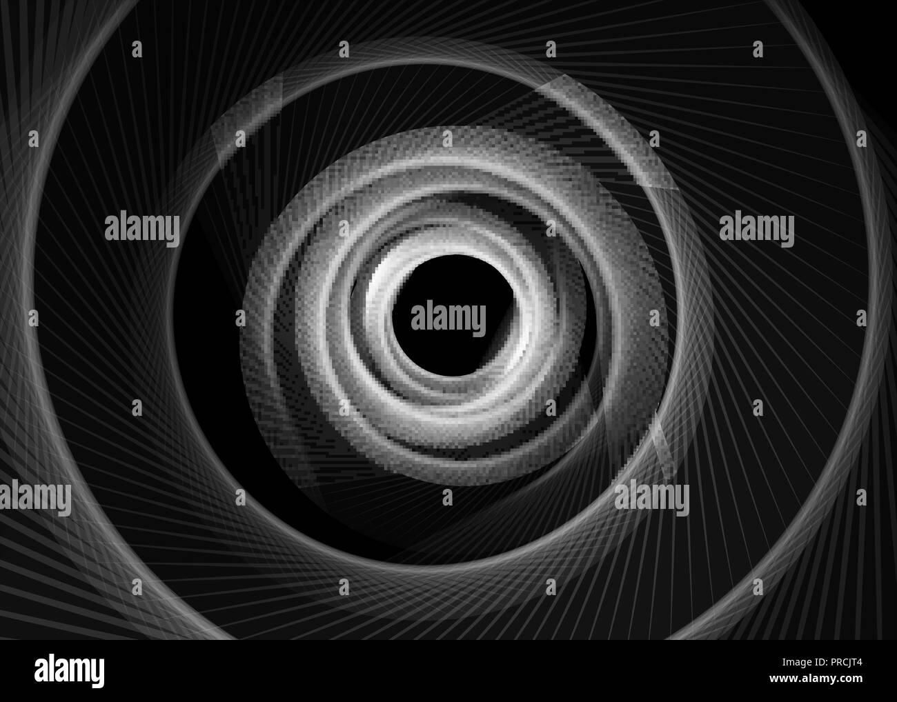 Vector striped spiral abstract tunnel dark background. Spiral funnel. Gray twisted ray black hole. Exciting gently spiraling optical illusion Stock Vector
