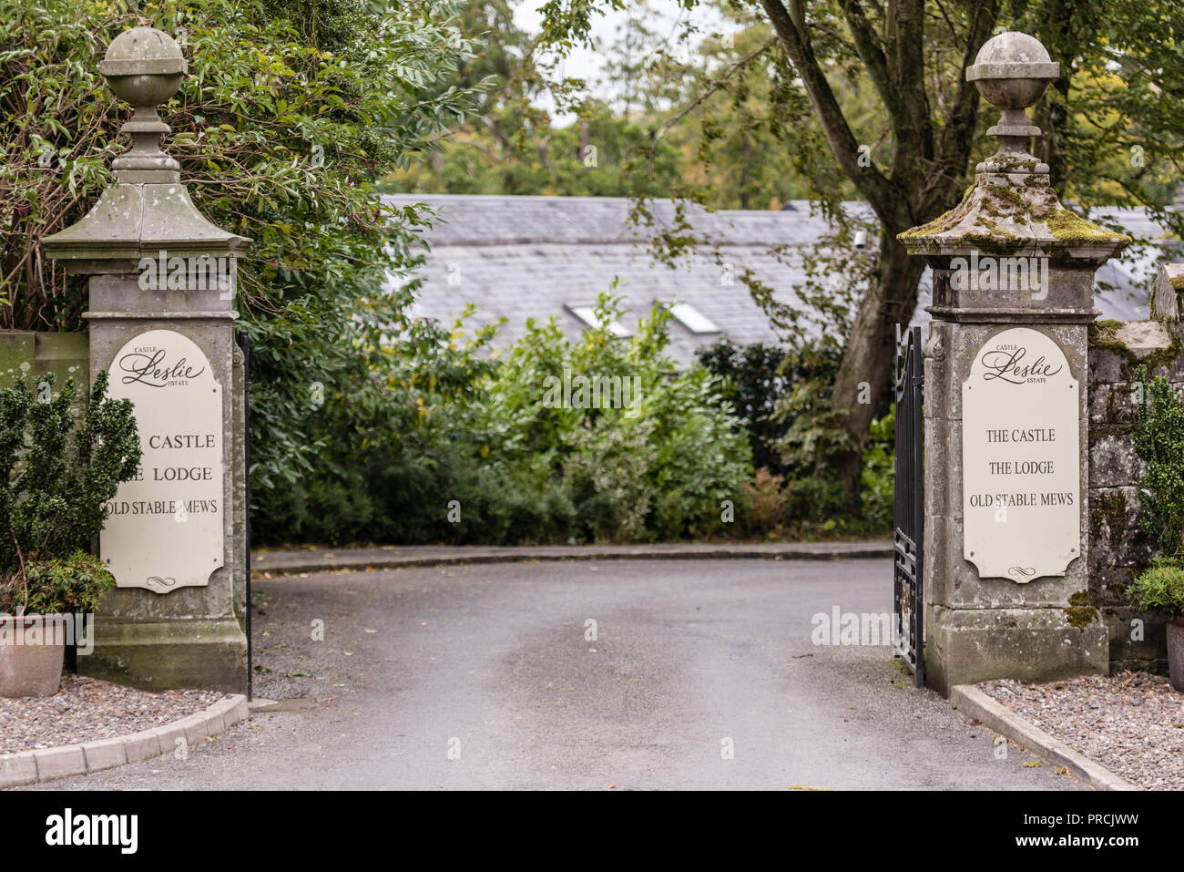 Entrance to the estate of Castle Leslie. Glaslough, County Monaghan, Ireland. Stock Photo