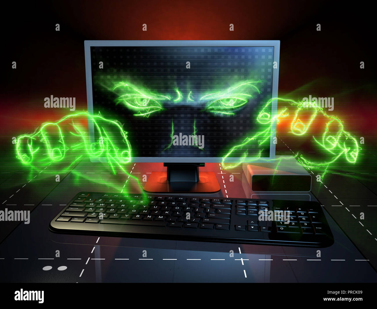 Menacing eyes and hands coming out from a computer monitor. Digital illustration. Stock Photo