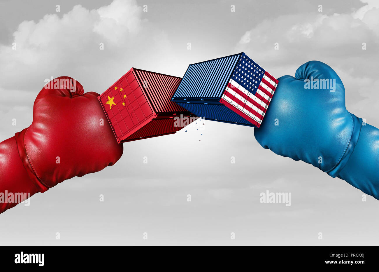 Trade war China US or United States economy and American tariffs conflict with two opposing trading partners as an economic import and exports. Stock Photo