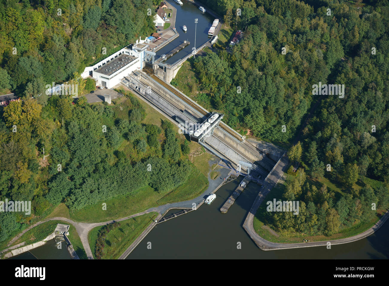 AERIAL VIEW. Saint-Louis-Arzviller inclined plane on the Marne to Rhine Canal, it provides a 44-meter-high gain. Moselle, Lorraine, Grand Est, France. Stock Photo
