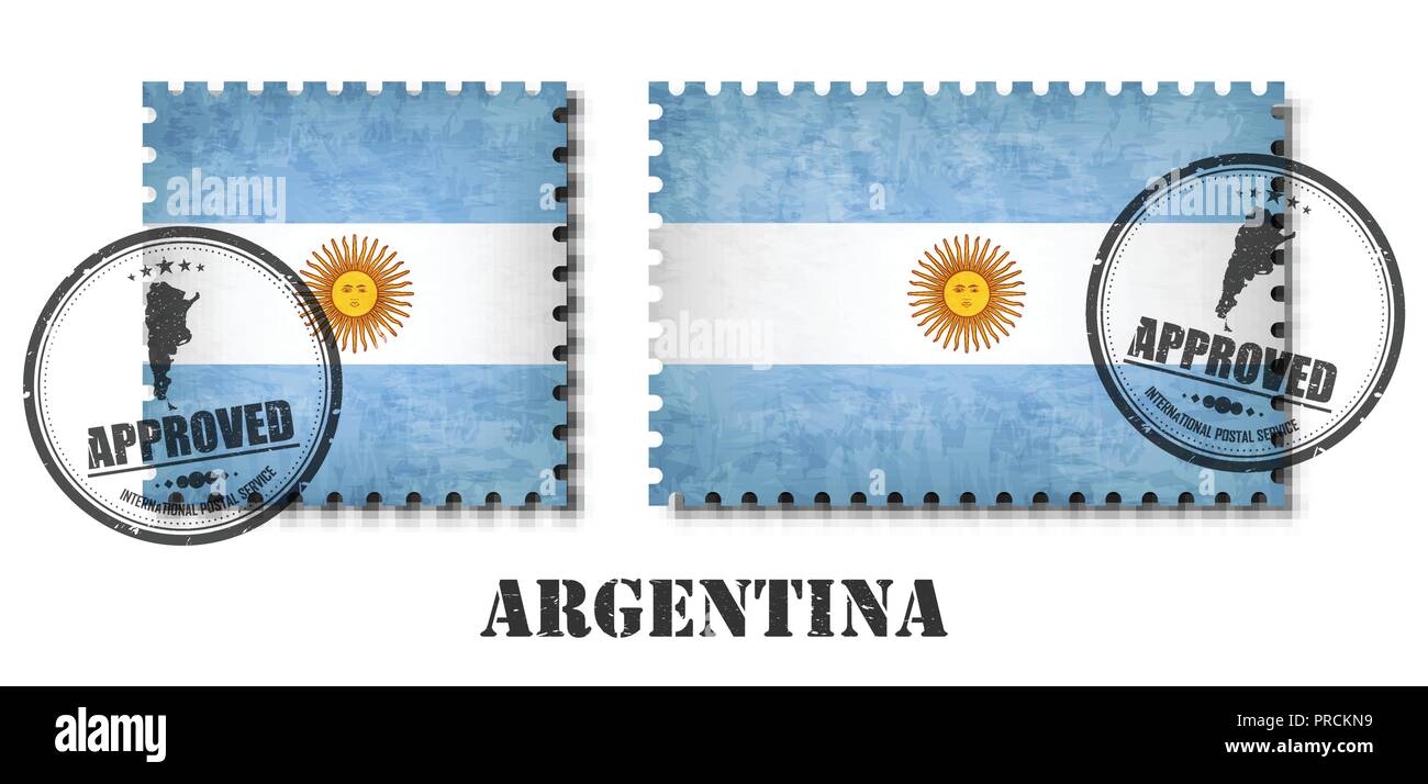 Argentina or argentinian flag pattern postage stamp with grunge old scratch texture and seal on isolated background . Black color country name with ab Stock Vector