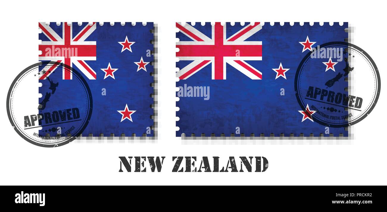 New zealand flag pattern postage stamp with grunge old scratch texture and affix a seal on isolated background . Black color country name with abrasio Stock Vector