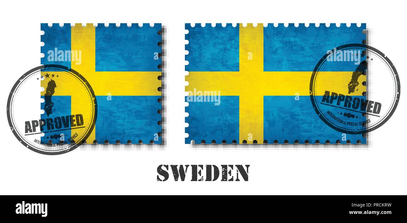 Sweden or swedish flag pattern postage stamp with grunge old scratch texture and affix a seal on isolated background . Black color country name with a Stock Vector