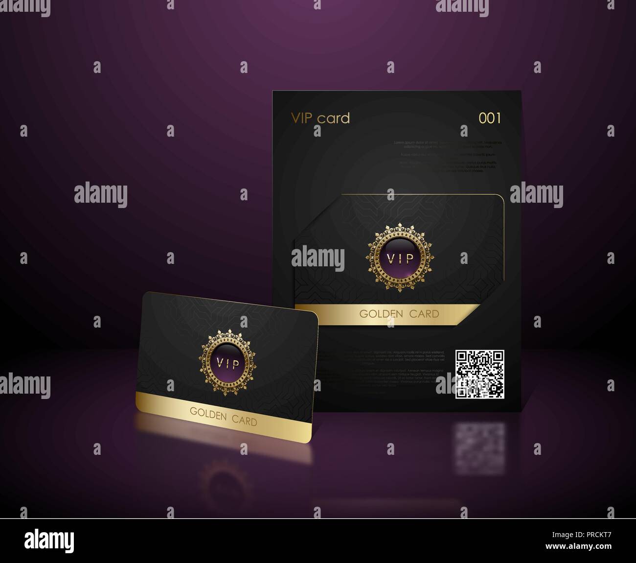 Vector black vip card presentation with golden frame. VIP membership or discount card. Luxury club ticket. Elite black coupon. Vip card with jewel Stock Vector