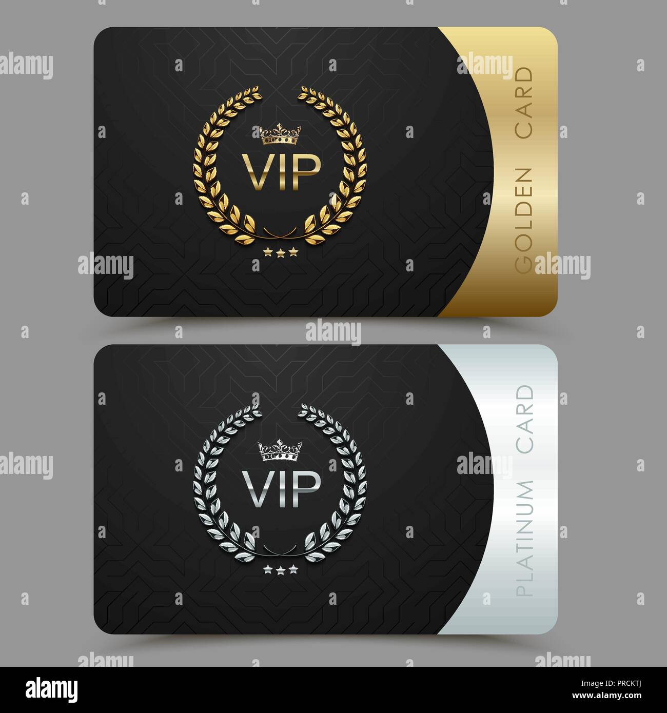 Vector VIP golden and platinum card. Black geometric pattern background with crown laurel wreath. Luxury design for vip member. Stock Vector