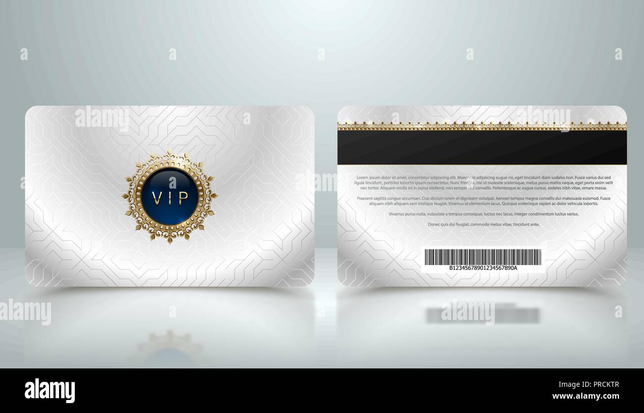 Vector template of membership or loyalty silver metallic VIP card with luxury geometric pattern. Front and back design presentation. Premium member Stock Vector