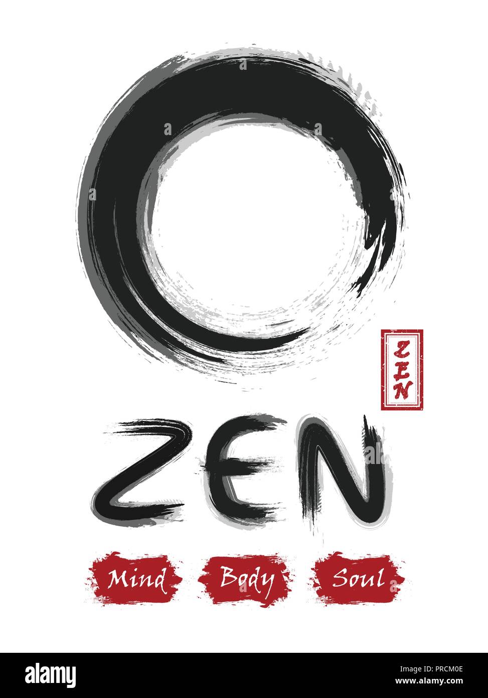 Enso zen circle . Sumi e design . Black and gray overlap color . Red stamp with calligraphic zen alphabet . White isolated background . Vector illustr Stock Vector
