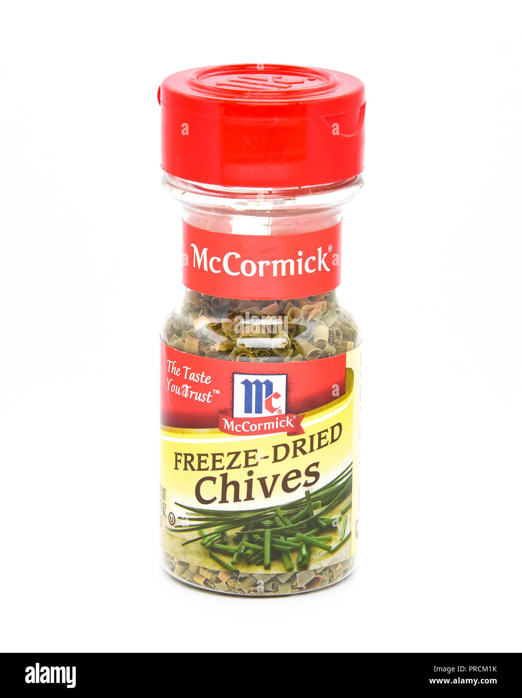 A bottle of McCormick's freeze-dried chives. Stock Photo