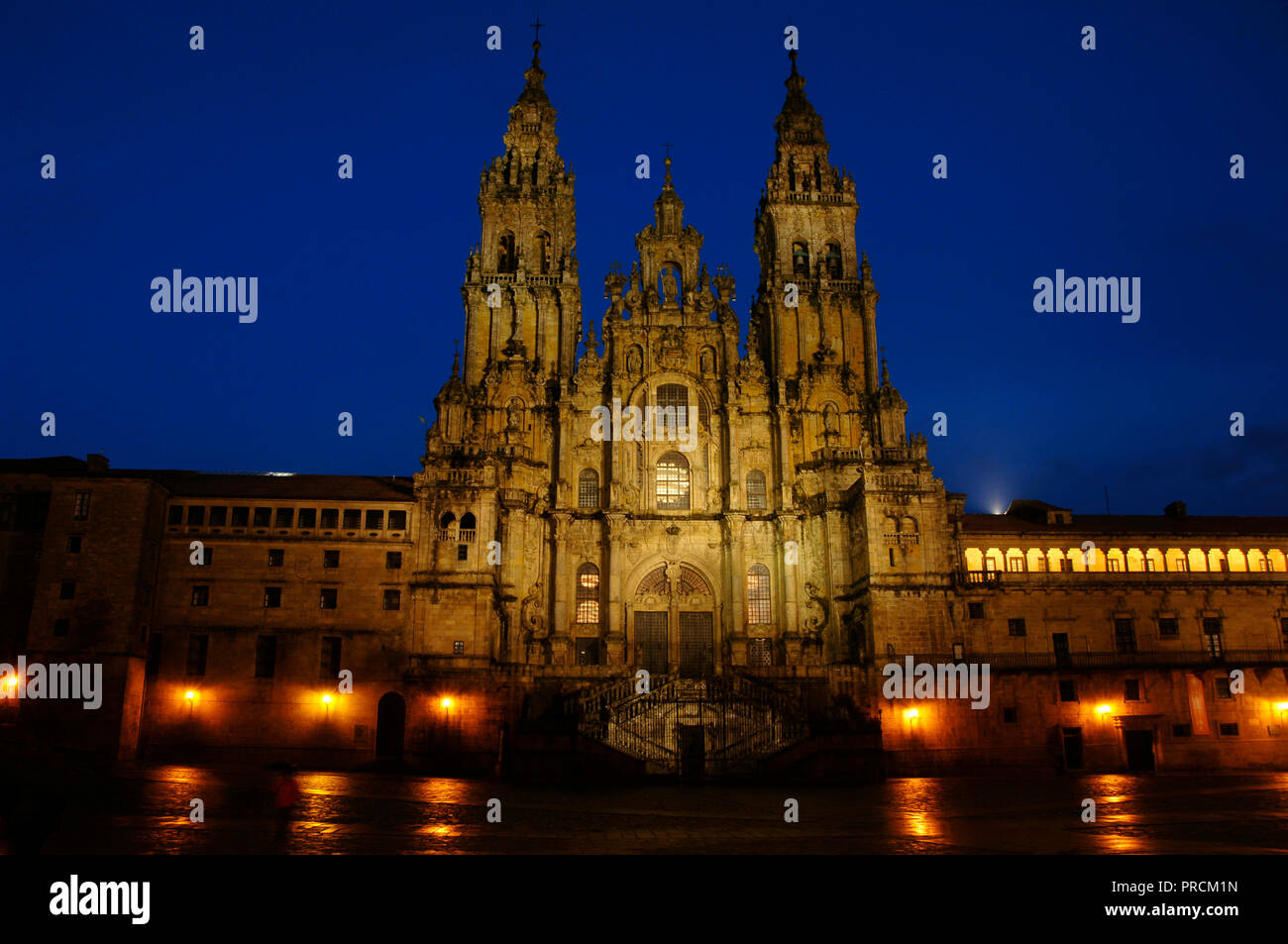 Santiago de Compostela, La Coruna province, Galicia, Spain. Cathedral. Nigth view of the Obradoiro facade. It was built in 18th century, in Baroque style, designed by Fernando de Casas Novoa (¿1670?-1750). Stock Photo