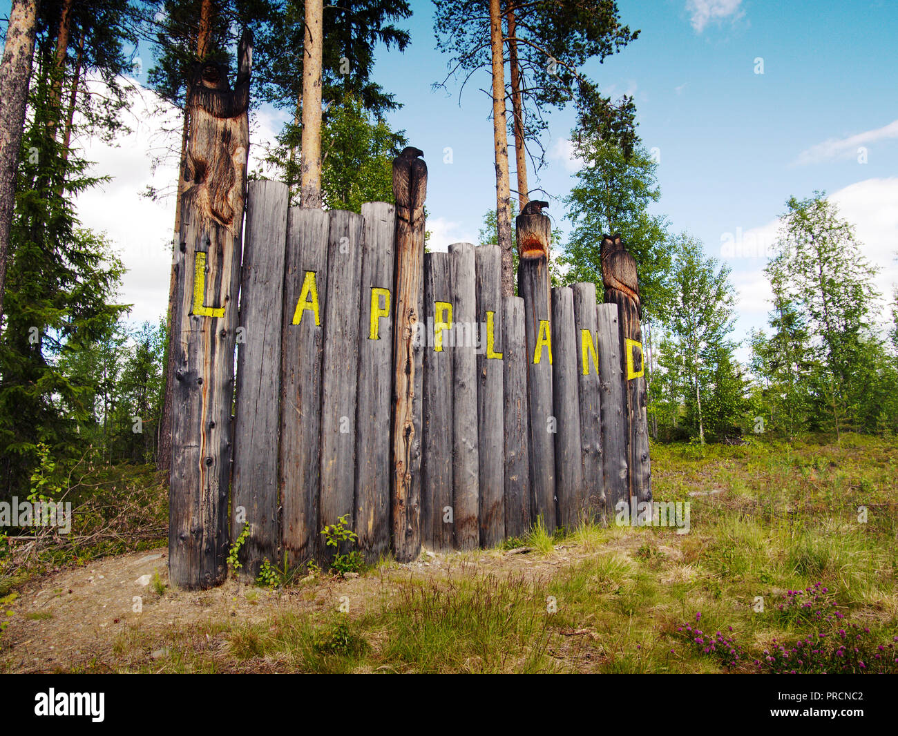 E45 Sign Entrance sign at the border of the Lappland province in Sweden along ...