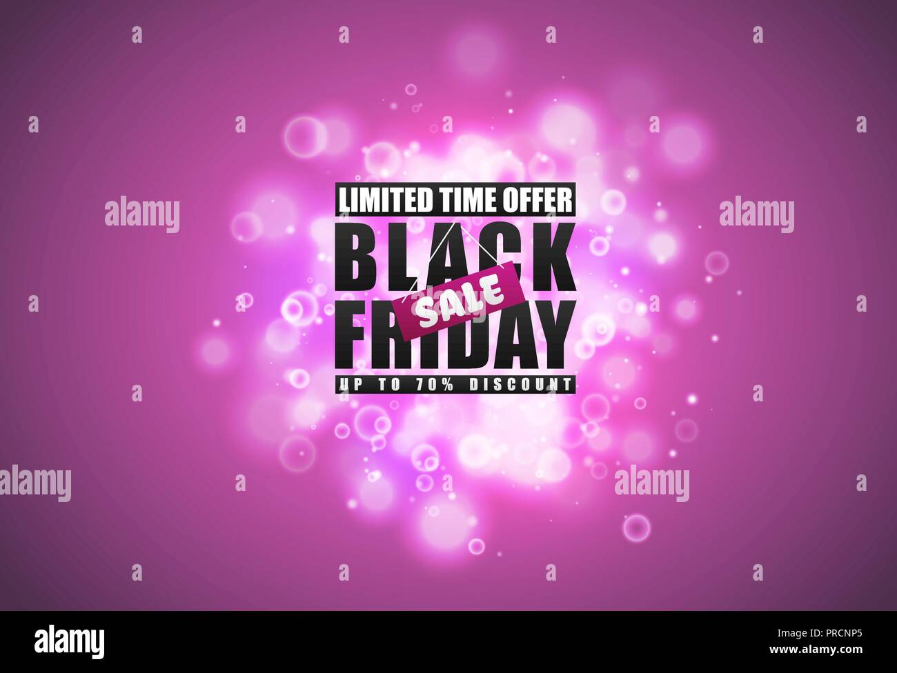 Black Friday sale banner. Black text with tag and glow sparks bokeh effect on pink background. Limited time offer. Up to 70 percent discount Stock Vector