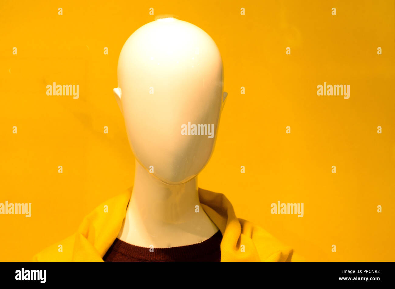 a mannequin head in a yellow jacket on a yellow background Stock Photo