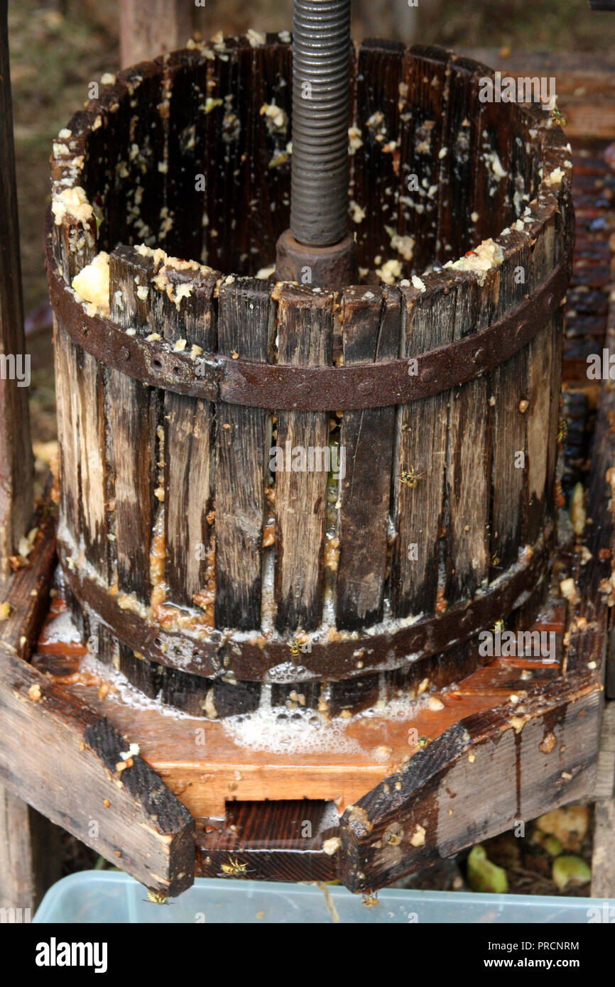 Cider press, the old traditional way of making apple cider Stock Photo