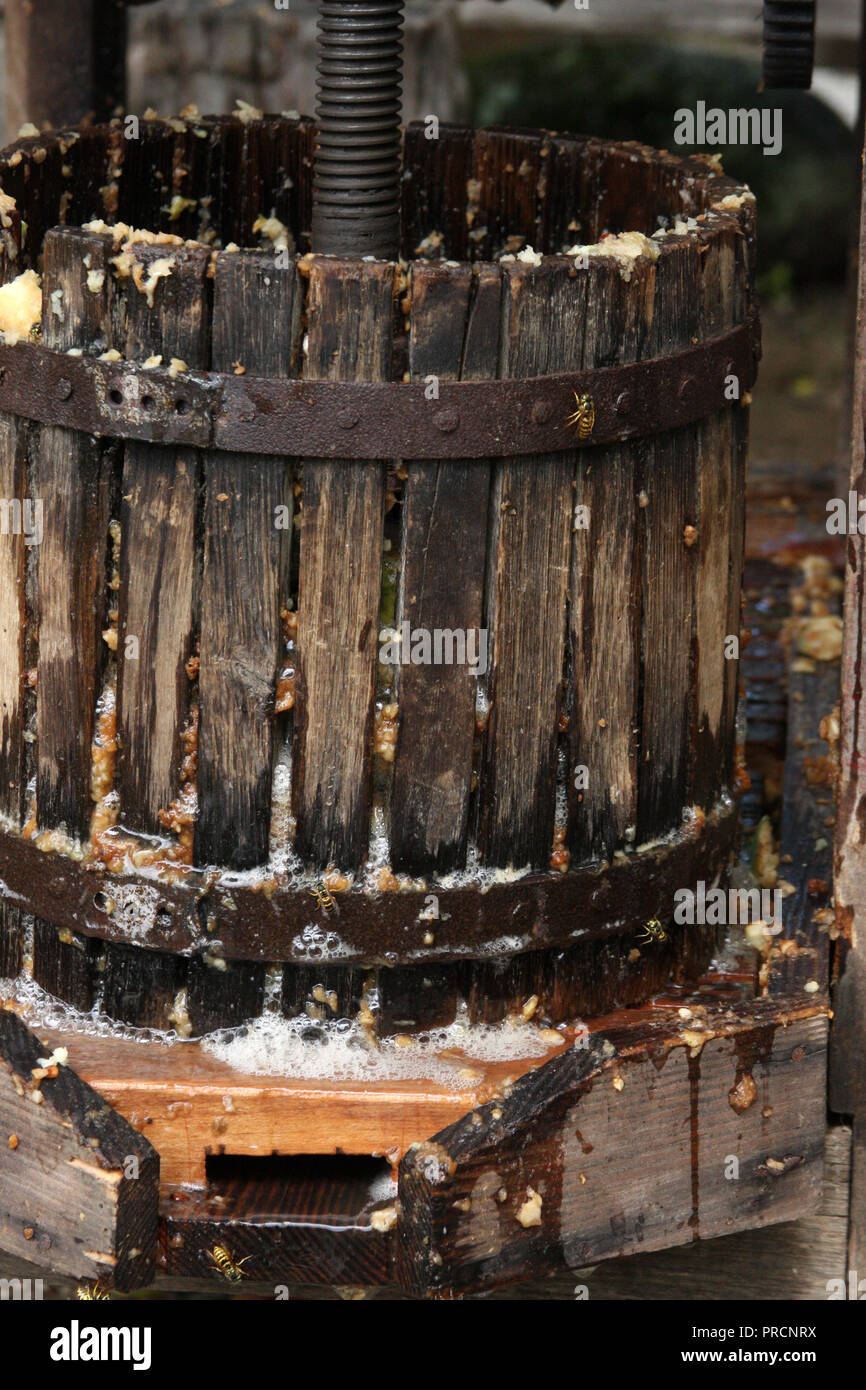 Cider press, the old traditional way of making apple cider Stock Photo