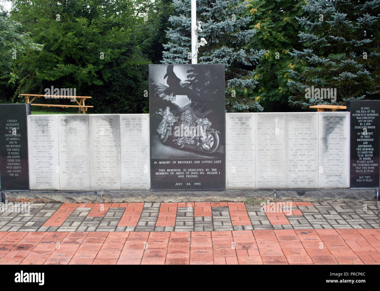 The Fallen Motorcycle Riders Memorial in Hopedale, Ohio, honors bikers lost on the road with a black granite wall and engraved names. Stock Photo