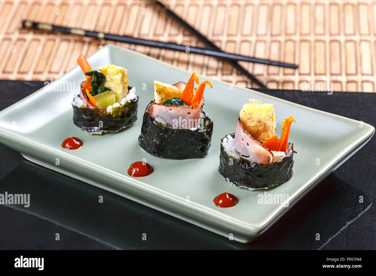 A plate of Korean food called kimbab. Similar to sushi. Stock Photo