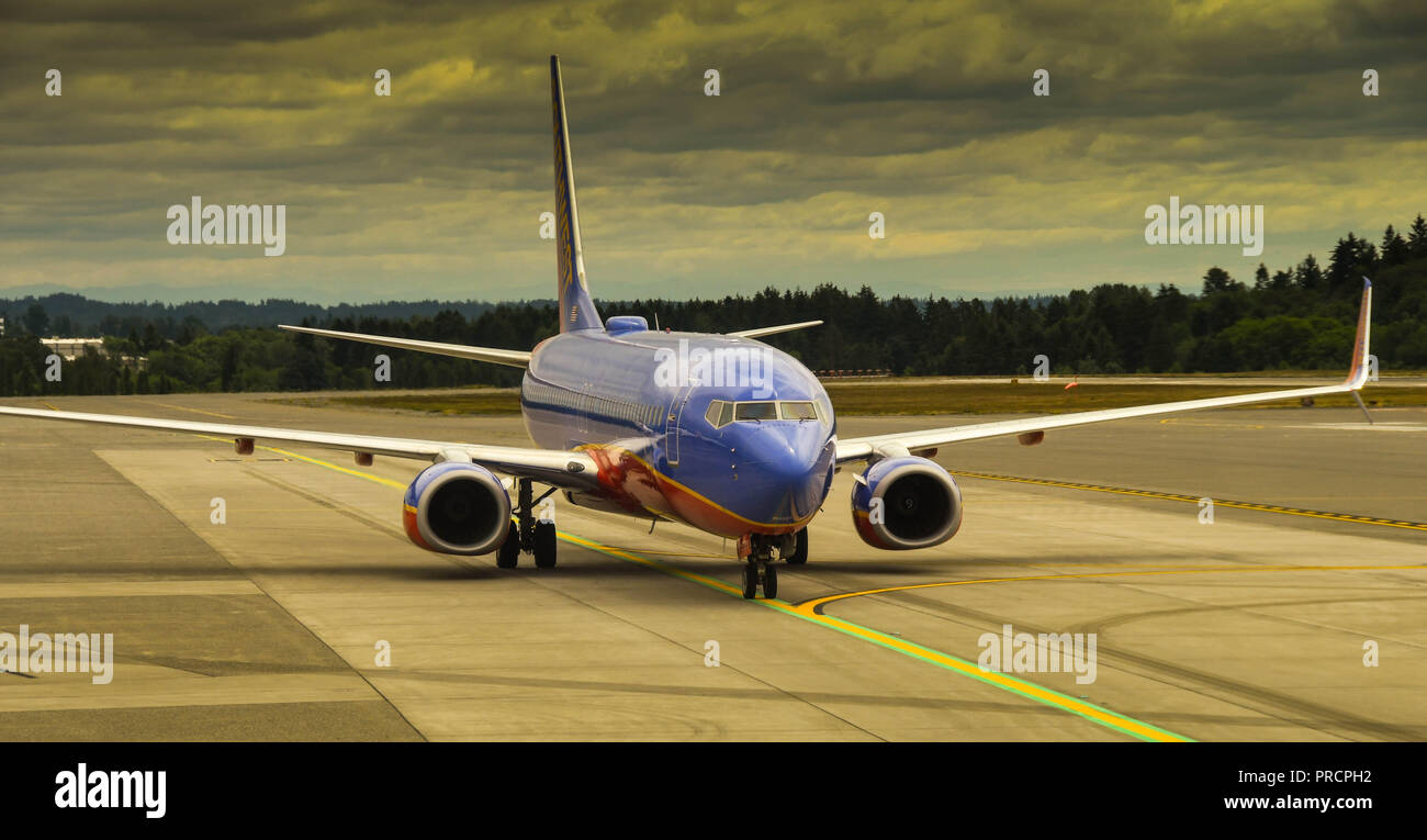 SEATTLE TACOMA AIRPORT, WA, USA - JUNE 2018: Southwest Airlines Boeing 737 taxiing for take off at Seattle Tacoma airport. Stock Photo