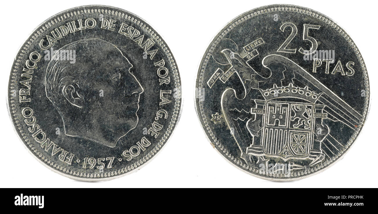 Old Spanish coin of 25 pesetas, Francisco Franco. Year 1957, 75 in the star. Stock Photo