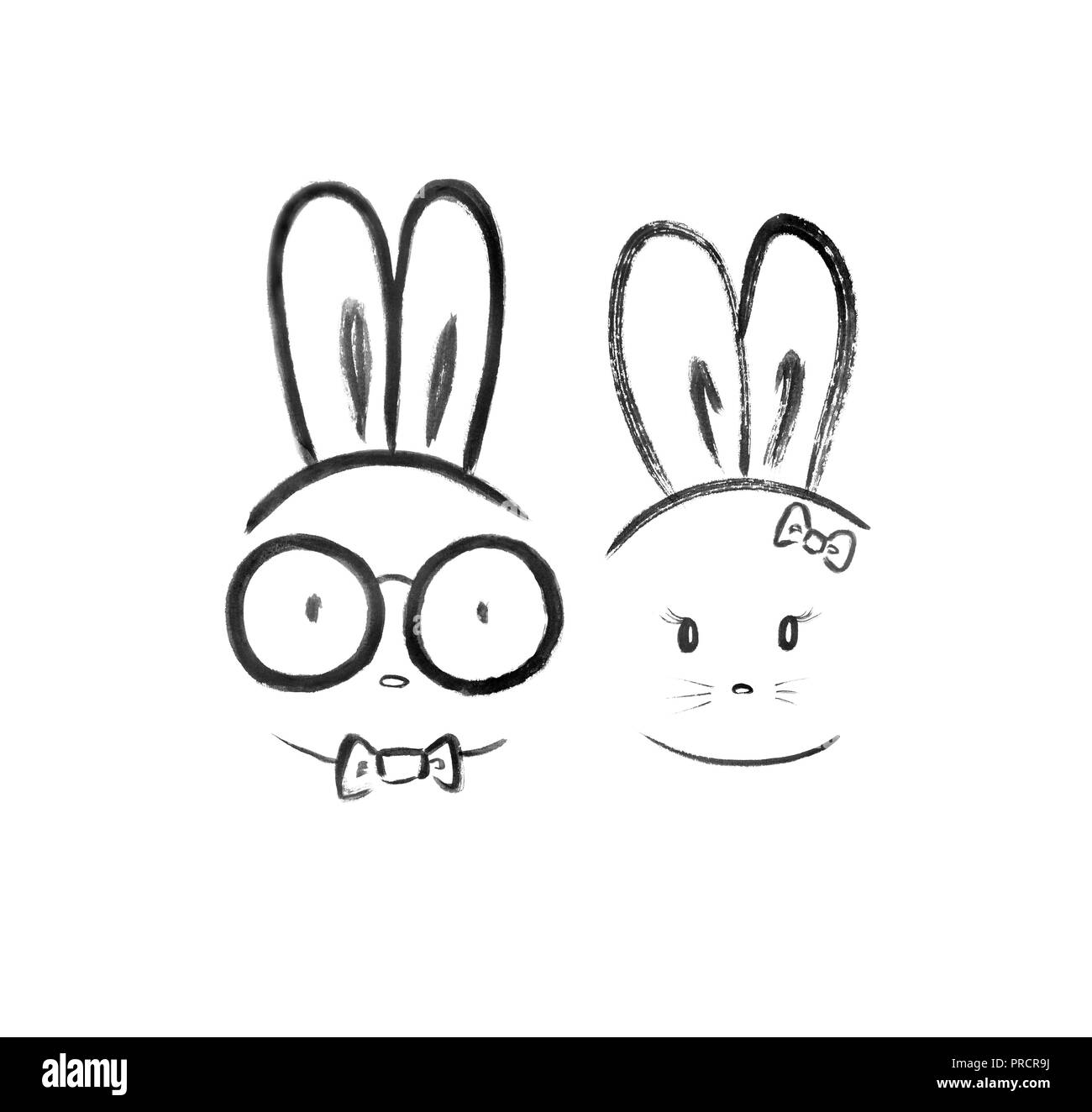 Cute kawaii couple of a bunny nerd boyfriend in spectacles and a bunny girlfriend with a bow. Minimalistic black and white oriental style illustration Stock Photo