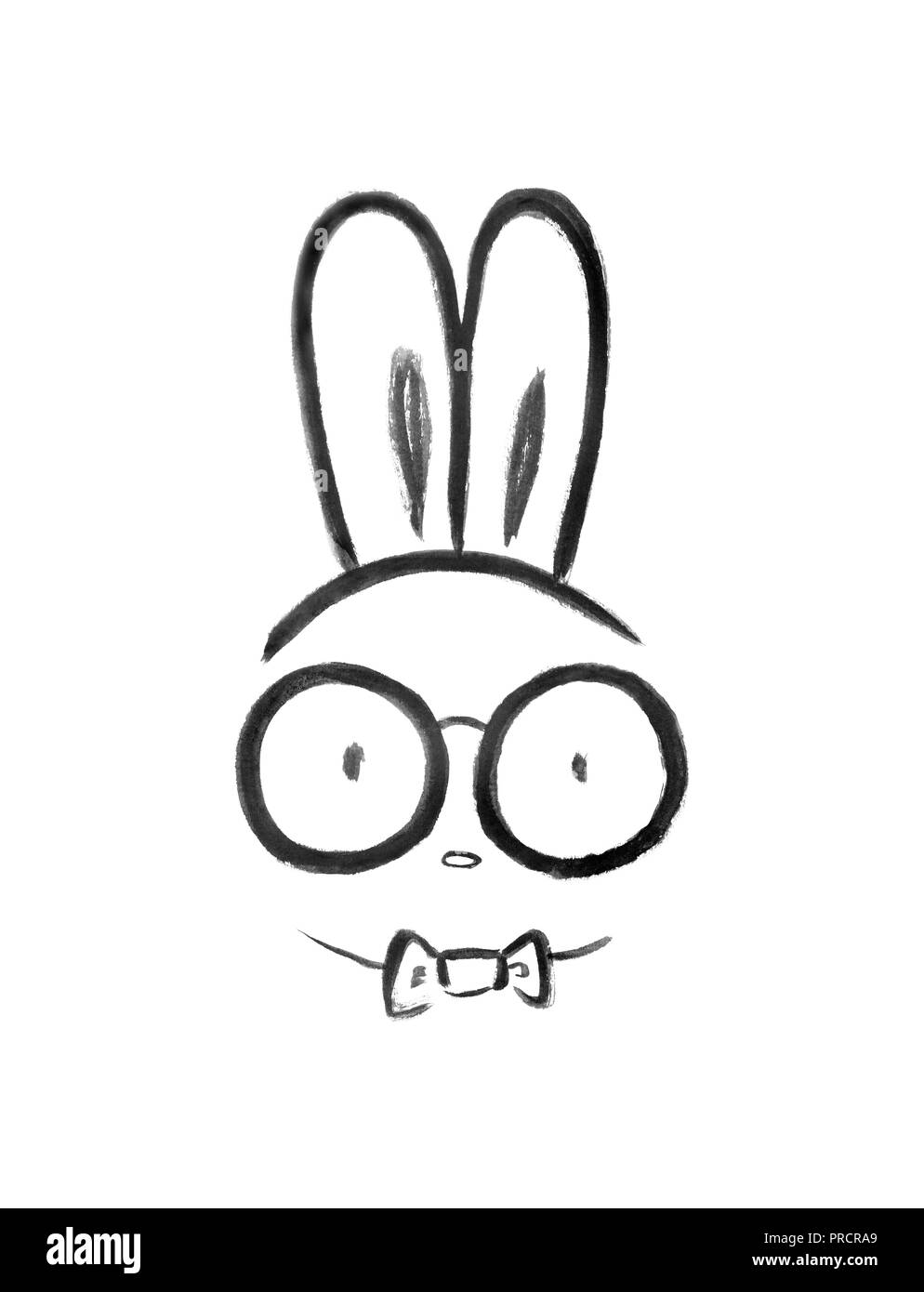 Cute nerd bunny wearing large nerdy glasses and a bow tie. Minimalistic oriental kawaii style black and white illustration, Japanese Sumi-e artwork is Stock Photo