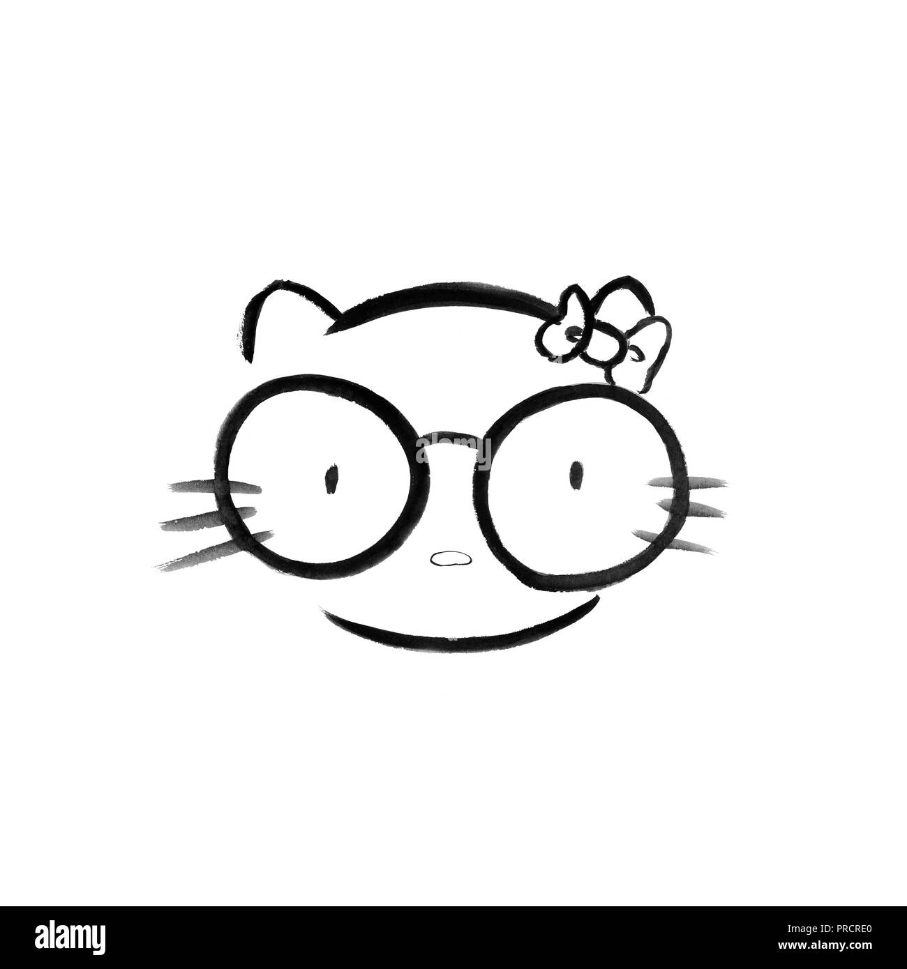 Original sumi-e painting of kawaii cute nerd hello kitty in oversized spectacles. Black ink on white rice paper traditional japanese brush painting. Stock Photo