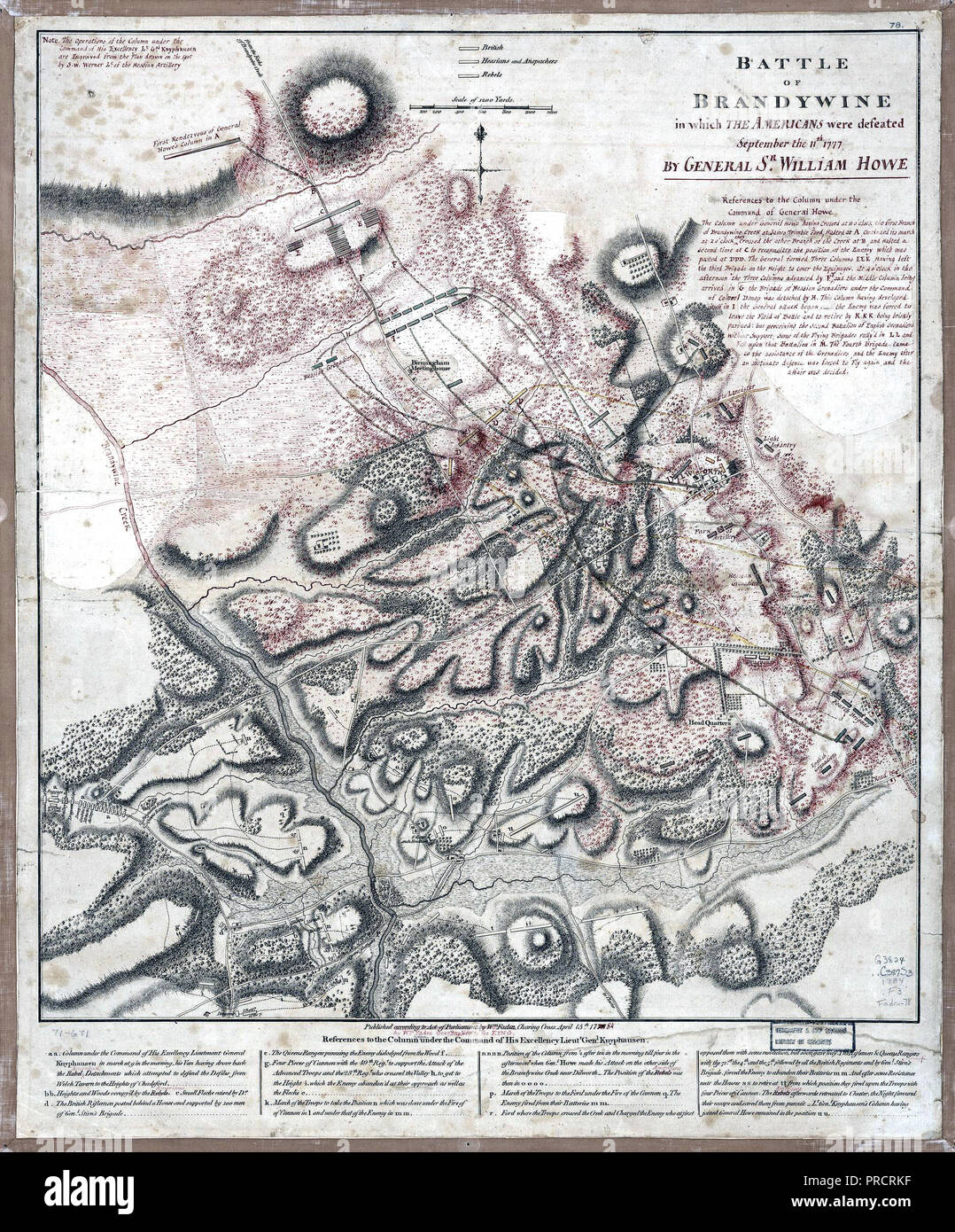 Vintage Maps / Antique Maps - Battle of Brandywine in which the Americans were defeated : September the 11th, 1777 by General Sr. William Howe Stock Photo