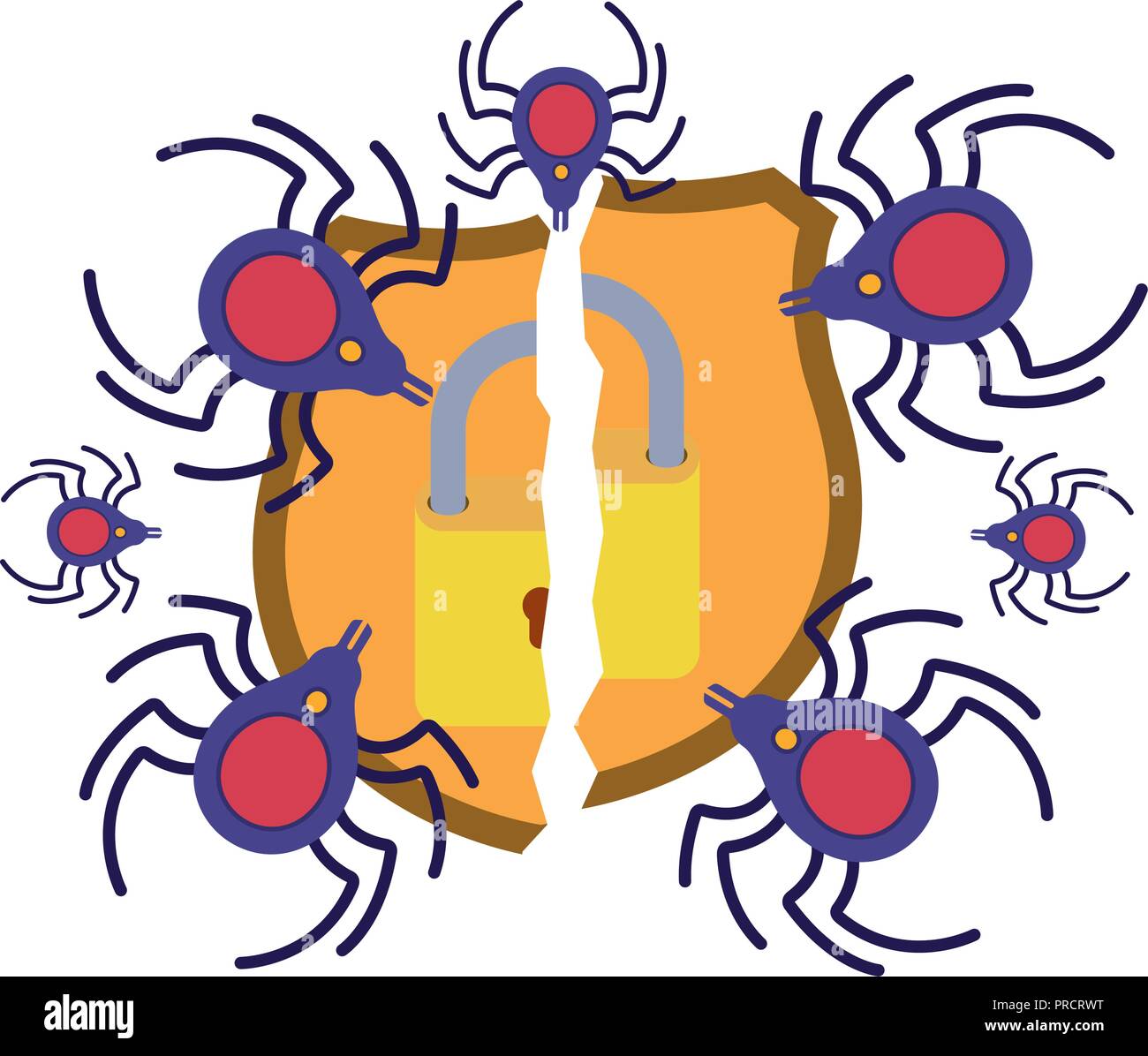 broken shield with padlock isolated icons Stock Vector