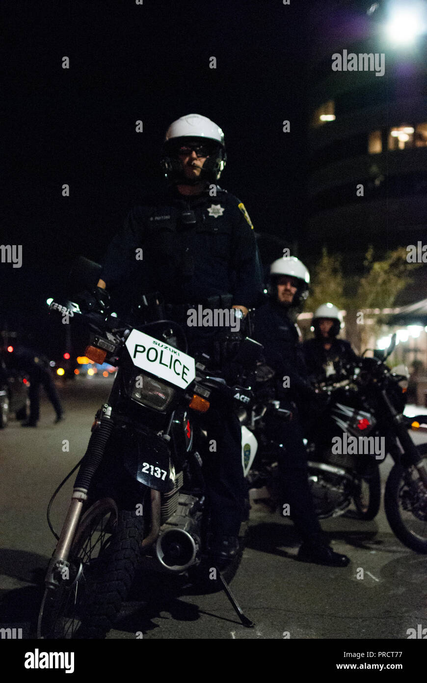 Oakland police officers on motorcycles during protests against the election of Donald Trump in downtown Oakland on Nov. 9, 2016. Stock Photo