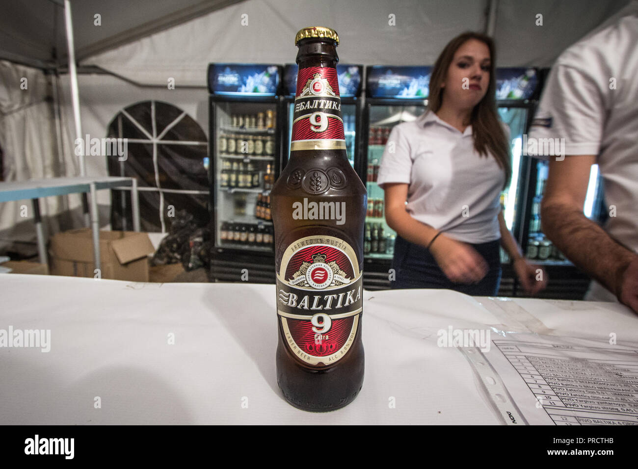 BELGRADE, SERBIA - AUGUST 19, 2018:  Baltika 9 logo on on a beer bottle. Baltika 9 is a strong lager, export style, brewed in Russia, and one of the s Stock Photo