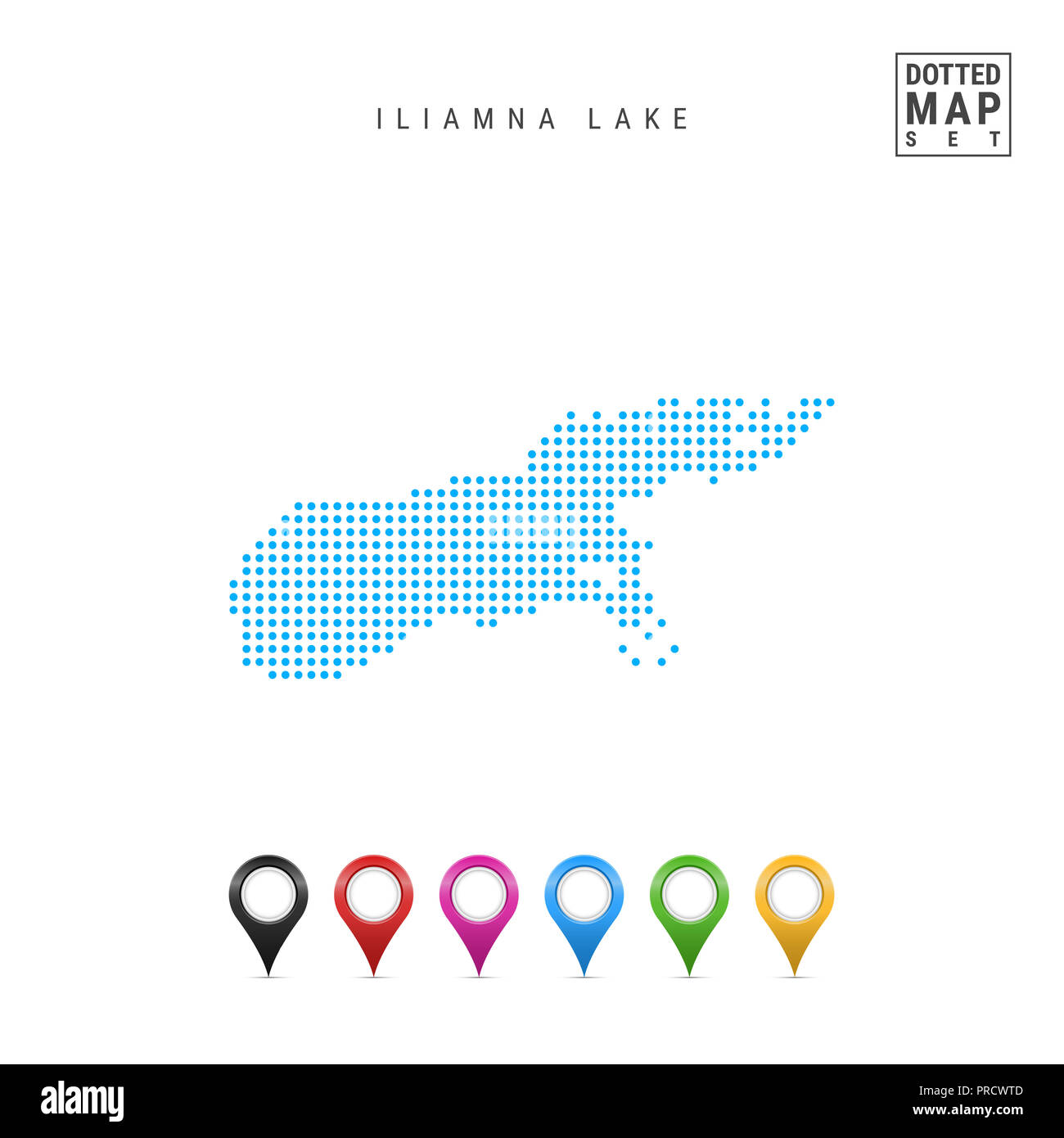 Dots Pattern Map of Iliamna Lake, Alaska. Stylized Simple Silhouette of Iliamna Lake. Set of Multicolored Map Markers. Illustration Isolated on White  Stock Photo