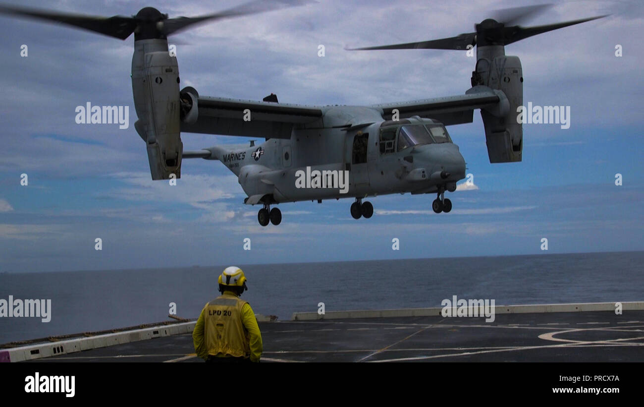 An MV-22B Osprey tiltrotor aircraft with Marine Medium Tiltrotor Squadron 262 (Reinforced) prepares to land on the flight deck of the USS Green Bay (LPD 20) during casualty evacuation training while underway in the East China Sea, Sept. 13, 2018. Marines with Battalion Landing Team, 2nd Battalion, 5th Marines and VMM-262 (Rein.) conducted casualty evacuation training to enhance their speed and proficiency. The 31st MEU, the Marine Corps’ only continuously forward-deployed MEU, provides a flexible force ready to perform a wide-range of military operations. (U.S. Marine Corps photo by Lance Cpl. Stock Photo