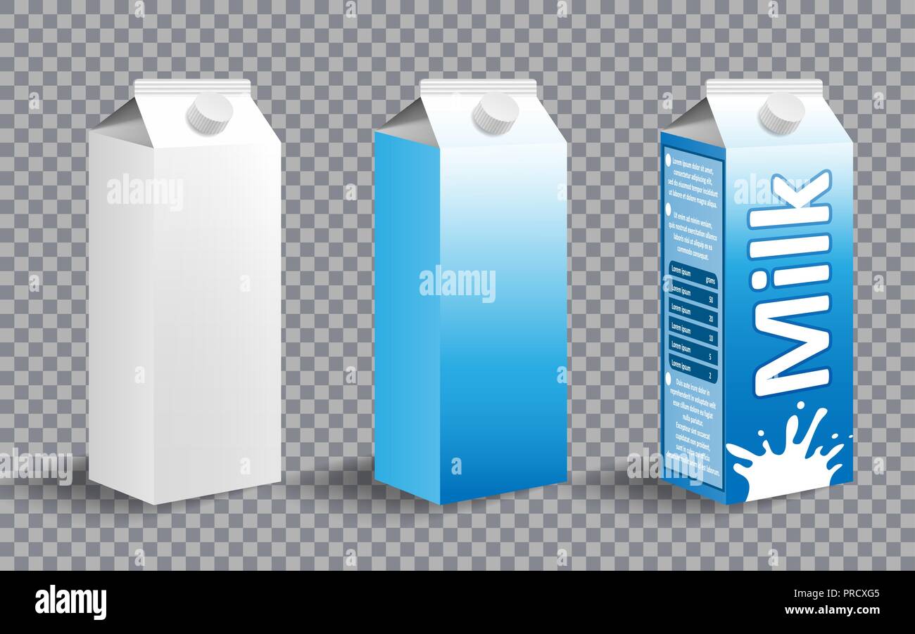 Set of realistic milk carton package. Milk package design with different labels isolated. Dairy product for branding. vector illustration Stock Vector