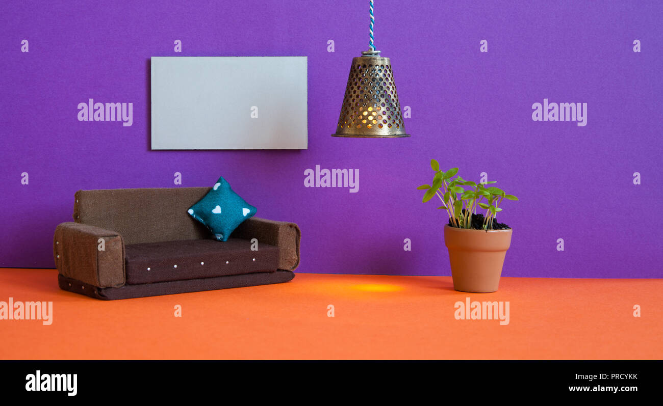 Minimalist Living Room Furniture Interior Simple Design Brown Sofa Flowerpot Green Plant And Blank Poster Template On Violet Wall Stock Photo Alamy
