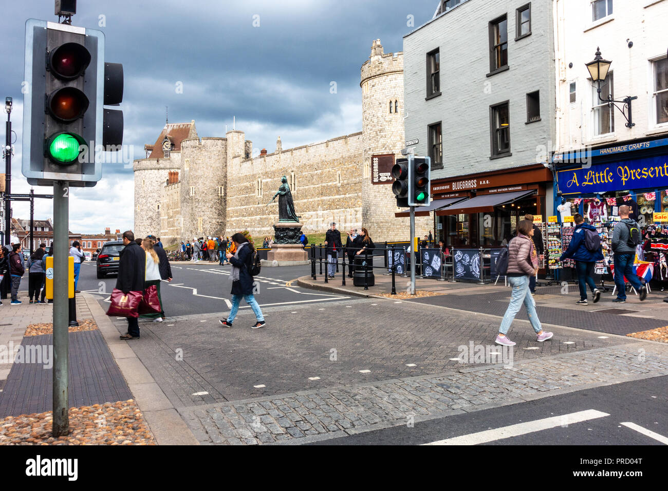 A pedestrian crossing on the High Street near Windsor Castle in Windsor, UK on a cloudy autumn day. Stock Photo