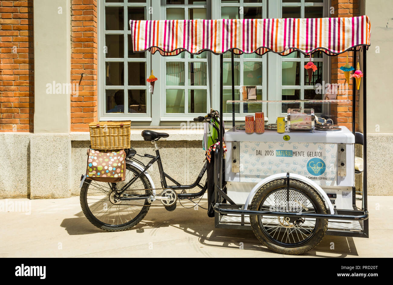 An ice cream cart is built on a bicycle in Cagliari, Sardinia, Italy. Vintage effect Stock Photo