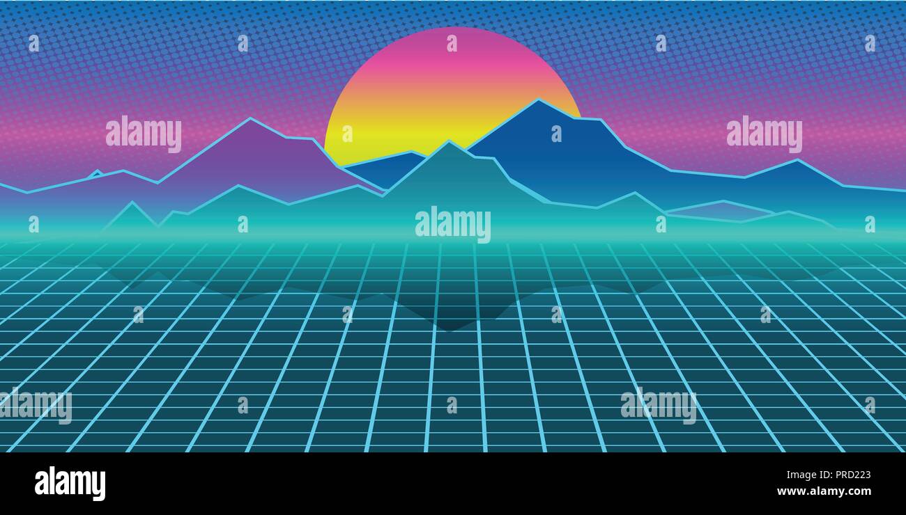 Cyberpunk retro computer background. Mountains, plain and sun Stock Vector