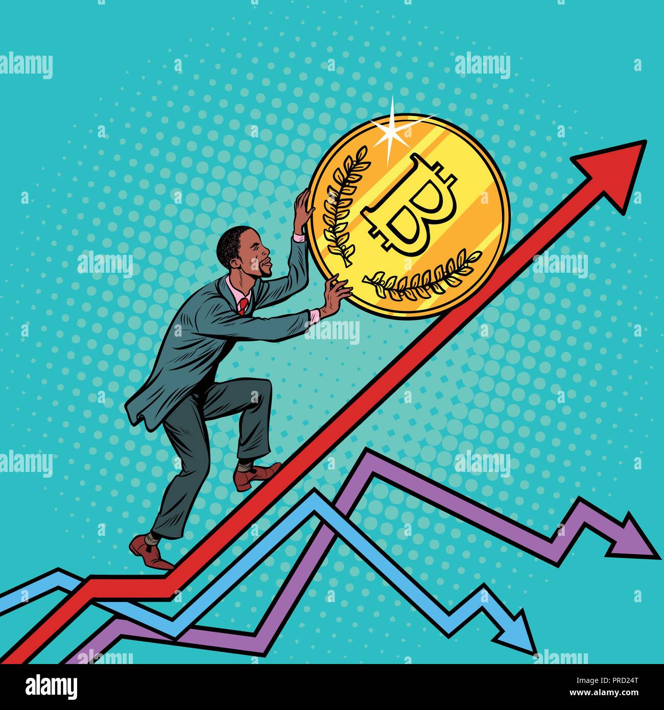 African American man roll a bitcoin coin up Stock Vector