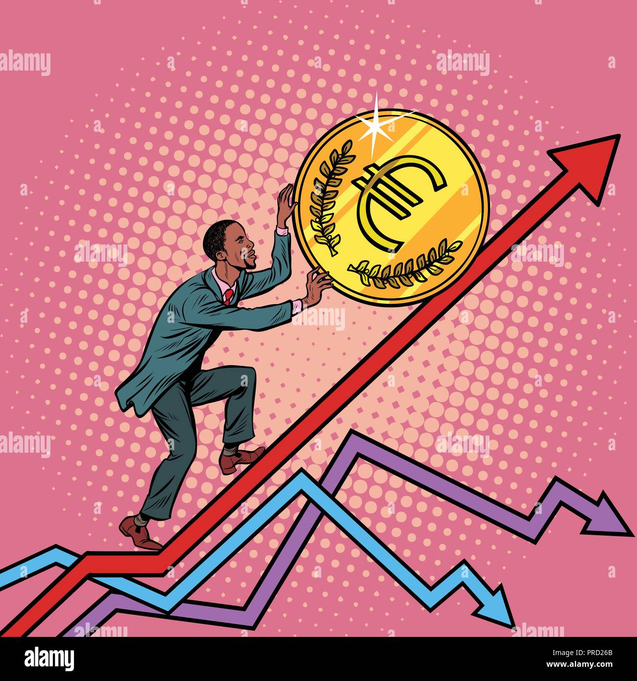 African American man roll a euro coin up Stock Vector