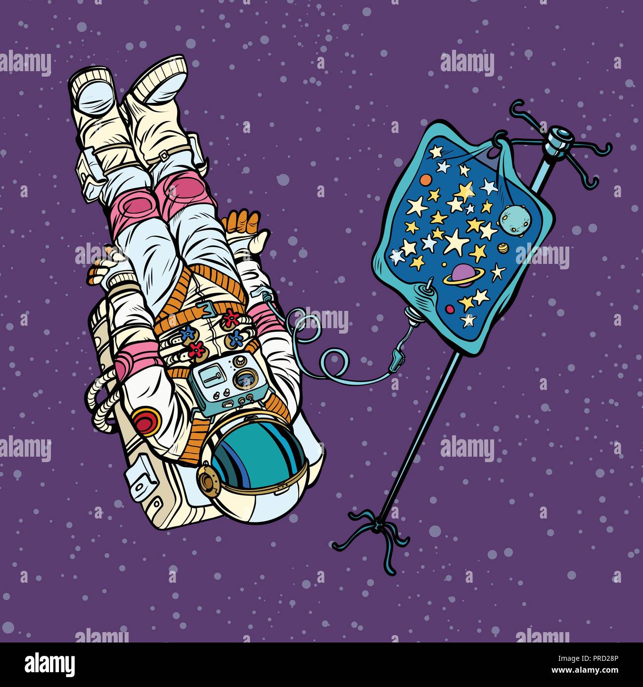 Star fever. Astronaut under medical dropper. Connected to the un Stock Vector