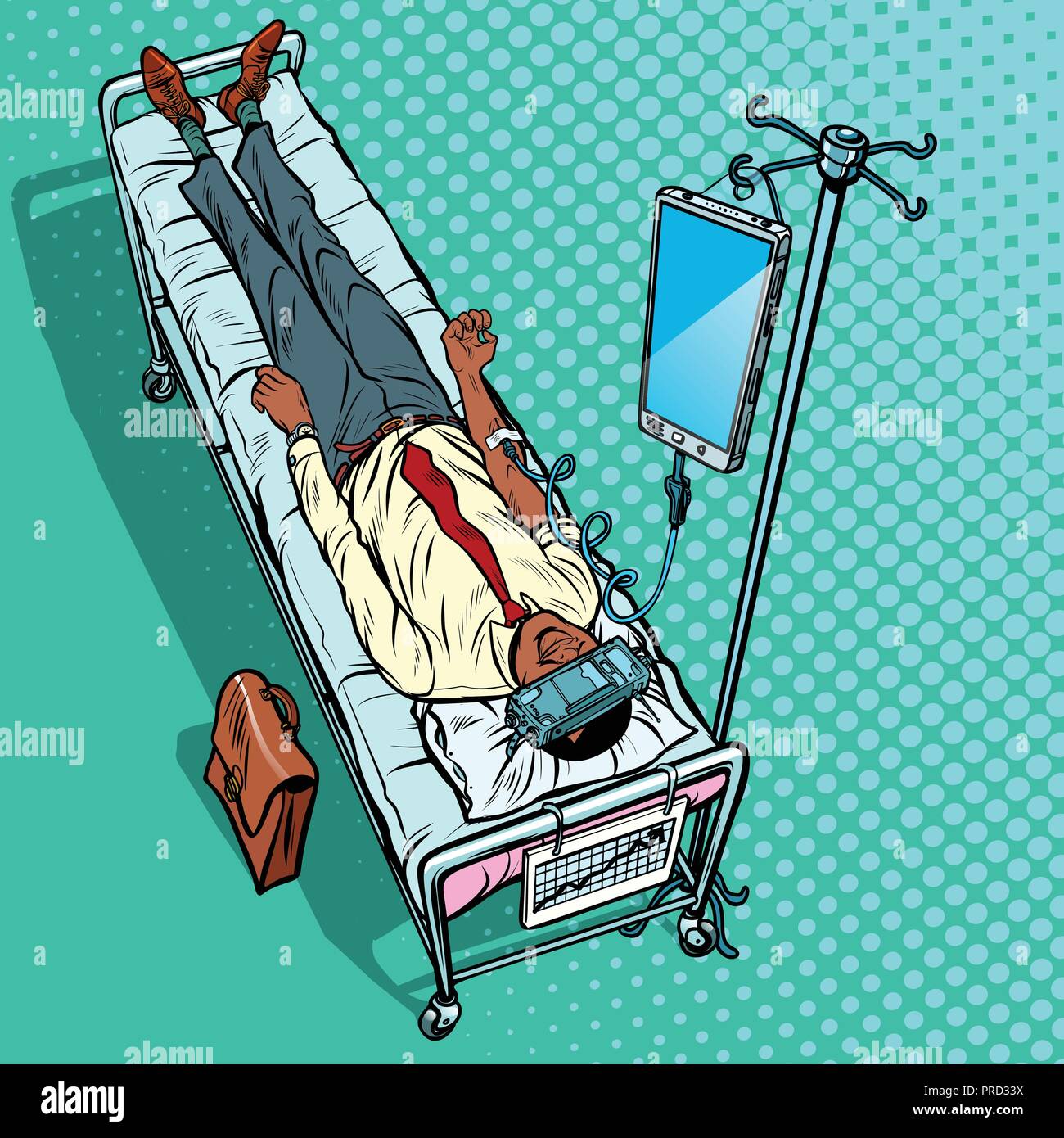 Dependency on gadgets concept. African man in virtual reality. v Stock Vector