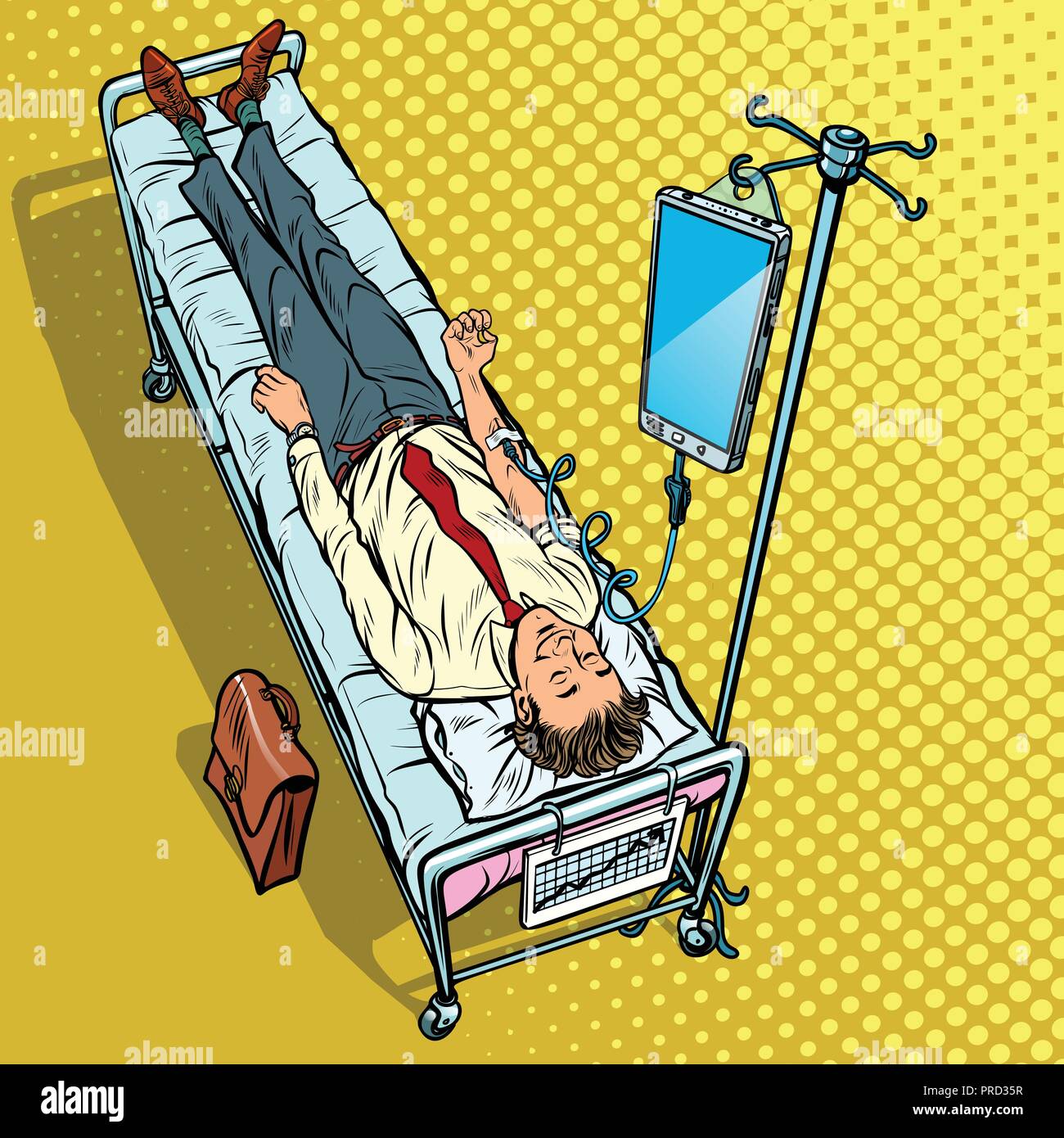 Dependency on gadgets concept. Man under medical dropper Stock Vector