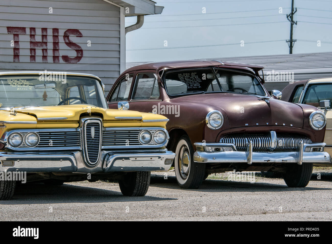 Ford Edsel Meteor at Country Classic Cars LLC car dealership on Route 66, Staunton, Illinois, USA. Stock Photo