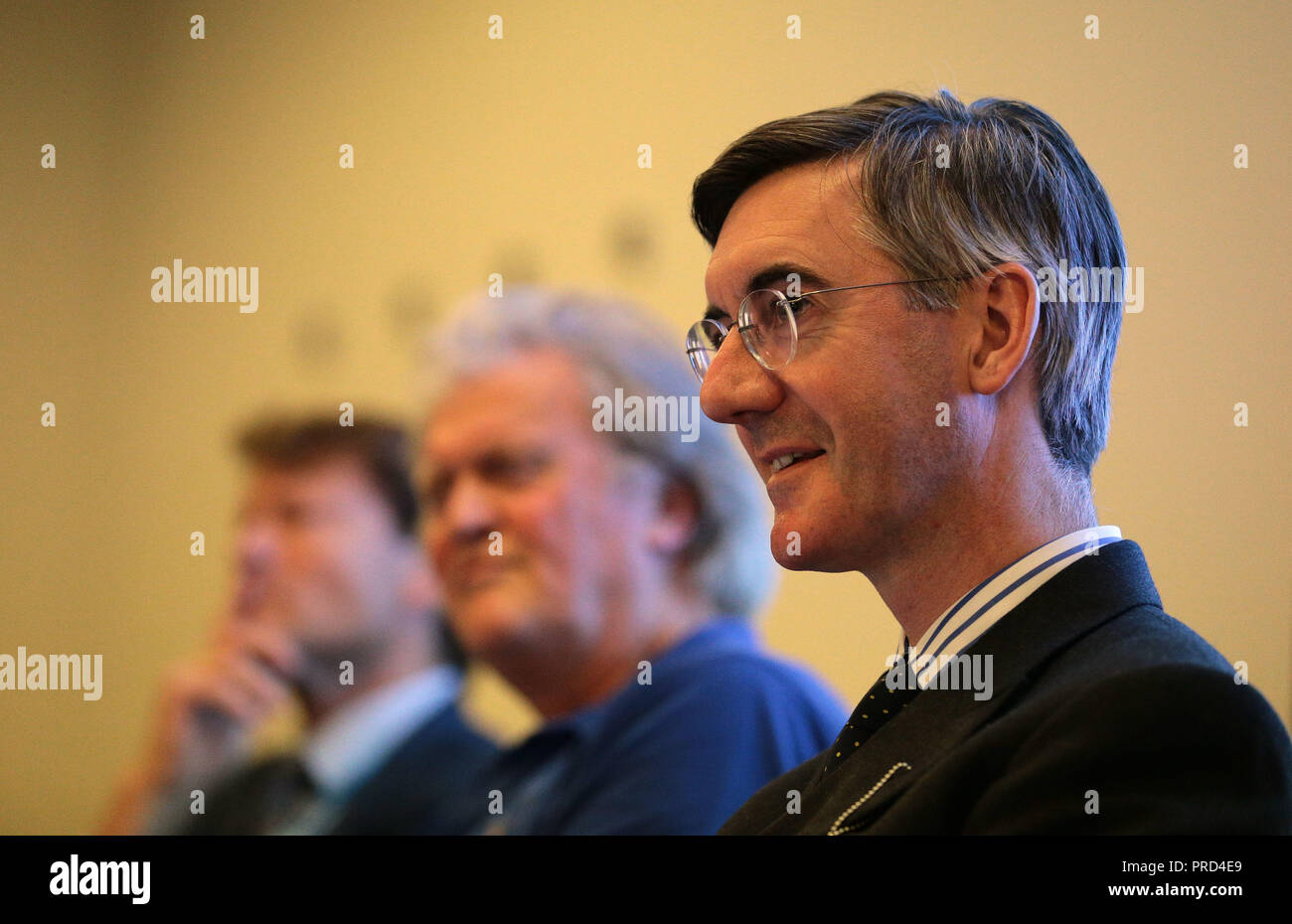 Jacob Rees-Mogg MP arrives at the Novotel Birmingham Centre for a Leave means Leave event, during the Conservative Party annual conference in Birmingham. Stock Photo