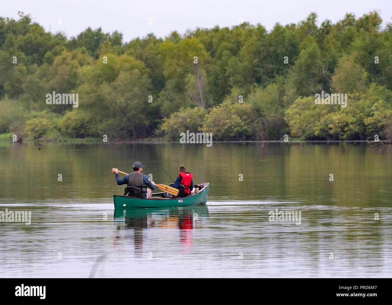 BOSSIER PARISH, LA., U.S.A., SEPT. 29, 2018: A man and boy are seen from the rear in a canoe on a beautiful, quiet lake during a fishing trip. Stock Photo