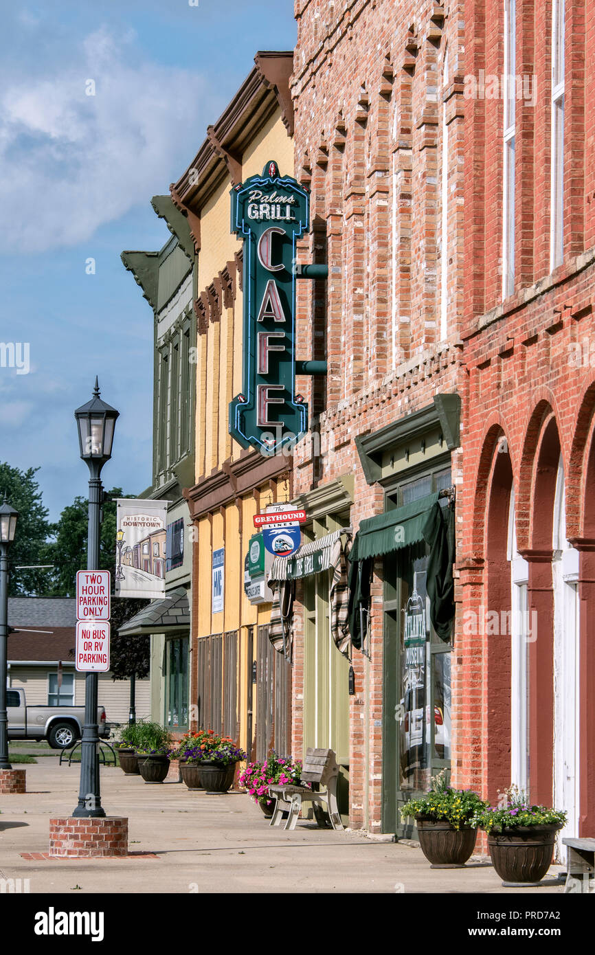 Historic downtown Atlanta with cafe on Route 66, Atlanta, Illinois, USA
