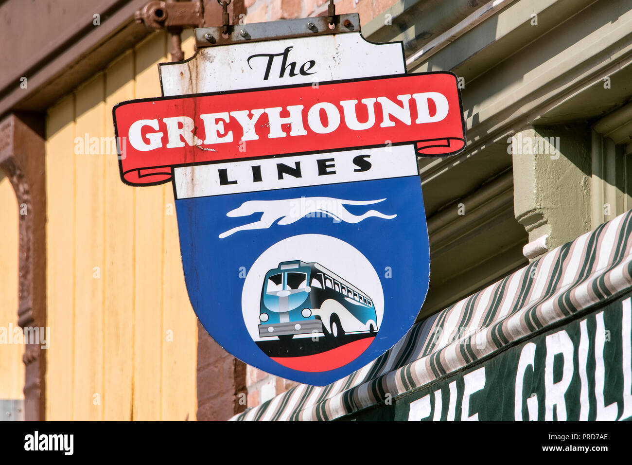 Old Greyhound Bus sign in historic downtown Atlanta on Route 66, Atlanta, Illinois, USA Stock Photo