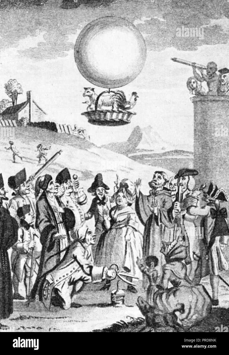 MONTGOLFIER BROTHERS  French engraving  showing their launch of a balloon named the Aérostat Réveillon with a sheep, a duck and a chicken on 19 September 1783. The balloon - actually a hot air vehicle and not a rounded hydrogen type as shown here - travelled two miles. Launched at the Royal Palace at Versailles, the event was watched by Louis XV! and Marie Antoinette Stock Photo
