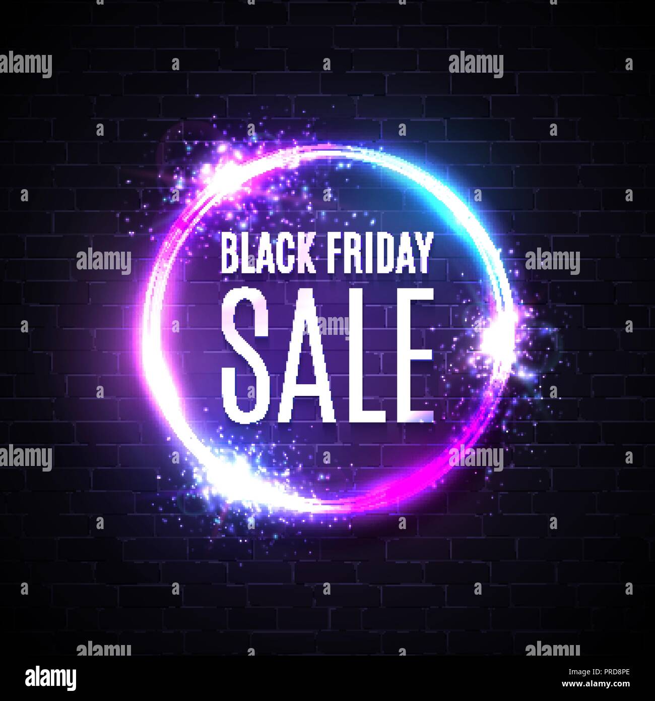 Black friday sales in neon circle background. Geometric shape glowing tag. Modern round shopping sign on dark blue purple brick background. Black friday design. Bright electric vector illustration. Stock Vector
